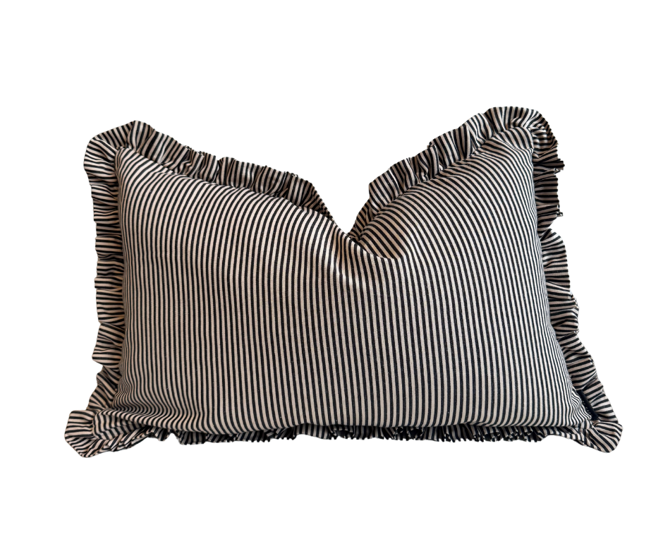 Linny Pinstripe Frilled Cushion – BLACK