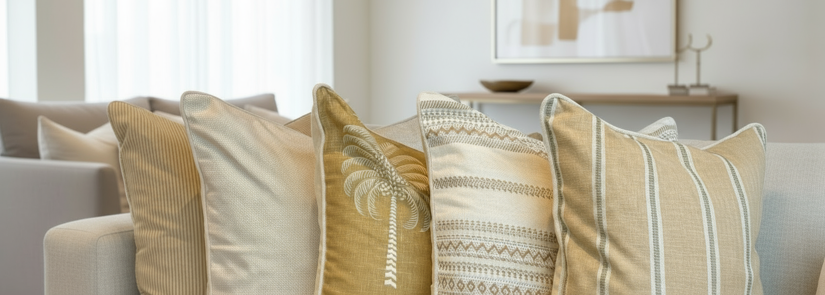 Handcrafted scatter cushions in linen and cotton with palm tree, stripe, and speckled patterns in dusty yellow, yellow, and white tones.